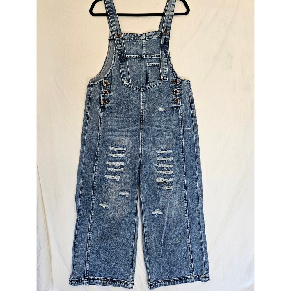 Distressed Wide Leg Denim Overalls Bib Pocket Jeans Size M
